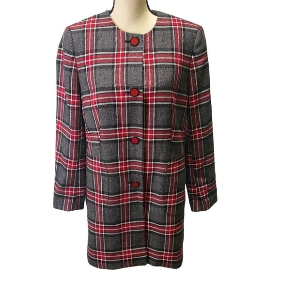 Nine West Flannel Long Coat / Blazer Sz 10 Plaid Red 4-Button - Picture 1 of 9